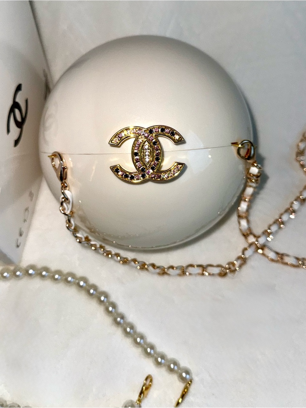 Chanel VIP Limited Coco Mark Rhinestone Pearl Ball Chain Shoulder Bag w/BOX